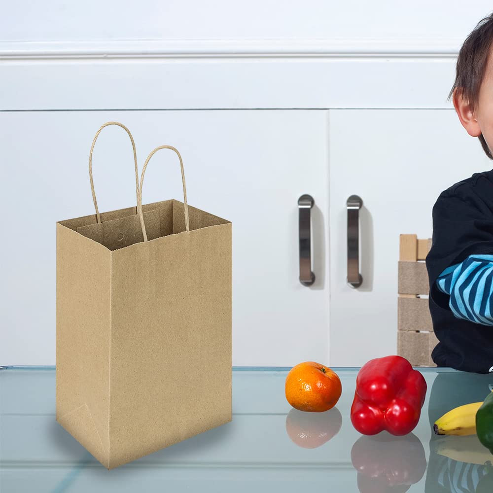 Oikss 50 Pack 5.25x3.25x8.25 Inch Small Gift Bags with Handles Bulk, Kraft Birthday Party Favors Grocery Retail Shopping Business Goody Bags, Craft Plain Natural Paper Bags Cub Sacks (Brown 50 Count)