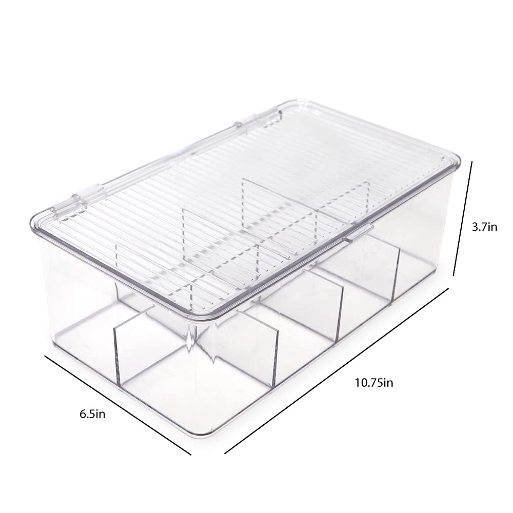 Isaac Jacobs Divided Clear Plastic Organizer (10.75” x 6.5” x 3.7”) w/Hinged Lid, Stackable Storage Box for Tea Bags, Crafts, Office Supplies, Cosmetics, Jewelry, BPA-Free, Food Safe Pantry Container