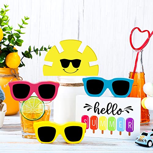 5 Pcs Hello Summer Tiered Tray Decor Wooden Sunglasses Table Decor Set Rustic Tabletop Decoration Farmhouse Sunshine Flower Wood Table Sign Centerpieces Summer Decorations for Home Office Shelf