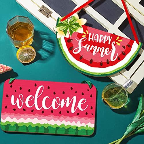 2 Pieces Watermelon Hanging Sign Summer Watermelon Hanging Door Sign Decor for Happy Summer Front Door Wreath Home Wall Decor with Rope