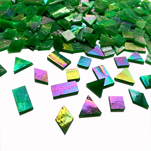 KALUCION Iridescent Green Mosaic Tiles for Crafts, 280 Pieces Mixed 4 Shapes Stained Glass Sheets, Stained Glass Supplies for Mosaic Projects