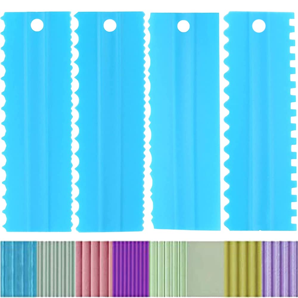 Adjustable Cake Scraper Smoother Tool,Cake Scraper Set,Double Sided Patterned Edge Smoothe Plastic Sawtooth Comb,Bench Scraper For Cake Decorating,Baking,cream Icing Smoother(4+1Pack)(Blue,White)