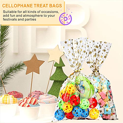 LEOSINDA 100 pcs Clear 5"X 11" Flat Gift Wrap Cellophane Bags Cello Bags Cookie Bags Treat Bags with Twist Ties Poly Bag 1.3 mil for Bakery, Cookie, Candies Gold Star Printed