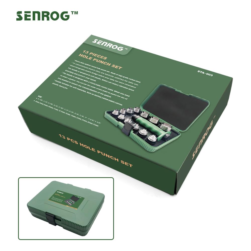 SENROG 12 in 1 Gasket Punch Set with Sharp Leather Hole Punches, Hollow Punch Set for Leather, 3/16'' to 1-1/4'' Hole Punch Kit with Handle