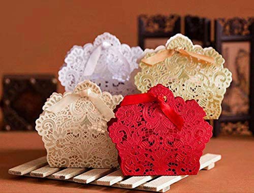 ponatia 50 PCS Laser Cut With Ribbon Wedding Party Favor Box, Wedding Gift Box, Chocolate Candy and Gift Boxes Paper bags for packaging(Gold)