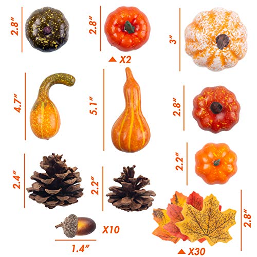 DomeStar 50 PCS Thanksgiving Artificial Pumpkins and Gourds Set, 8 PCS Fake Pumpkins, 12 PCS Pinecones and Acorns, 30 PCS Fake Maple Leaves Fall Wedding Tables Centerpieces
