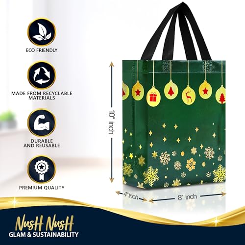 12 Christmas Gift Bags with Handles – Reusable Christmas Bags for Gifts Medium Size - Holiday Gift Bags in Festive Red, Green & Navy Blue Mix - Perfect Party Favor Bags for Xmas - 8x4x10
