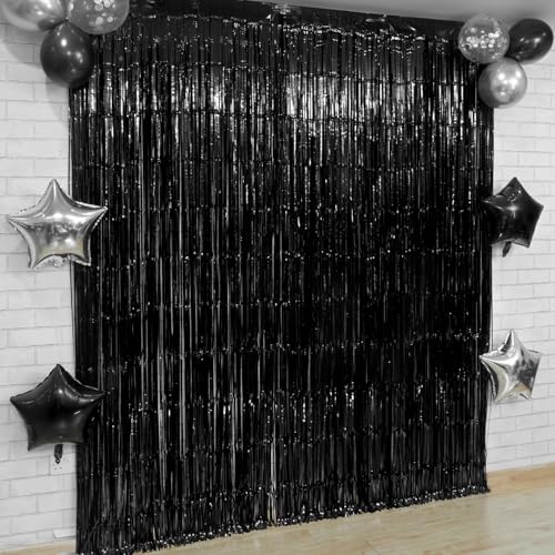 XtraLarge Black Backdrop Curtain - 3.2x8 Feet, Pack of 2 | Black Streamers for Black Birthday Decorations | Black Fringe, Black Curtain Backdrop | Halloween Backdrop for Halloween Decorations