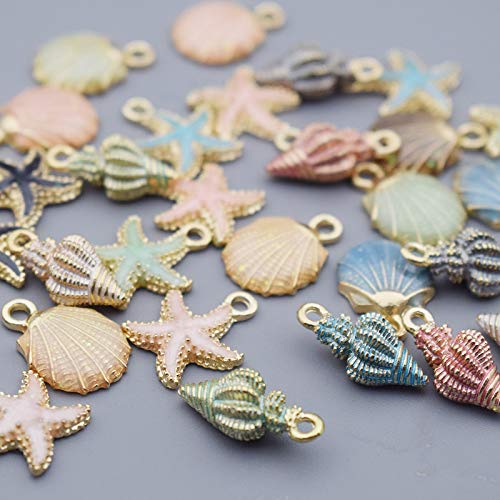 30pcs Assorted Gold Plated Enamel Ocean Starfish Conch Shell Charm Pendant for DIY Jewelry Making Necklace Bracelet Earring DIY Jewelry Accessories Charms (M156)