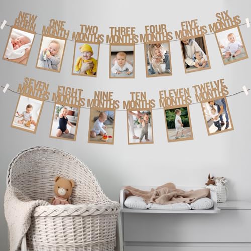 HiParty 1st Birthday Baby Photo Banner for Newborn to 12 Months, First Birthday Decorations for Boys or Girls, First Birthday Photo Banner Pre-Strung with Frame,Monthly Milestones Birthday Party Kit