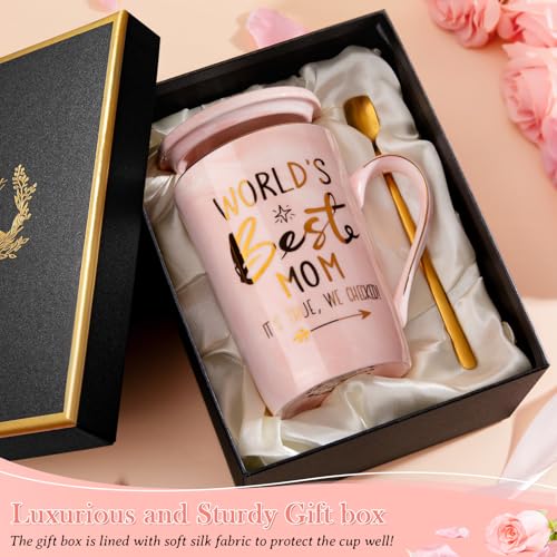 Mothers Day Gifts for Mom from Daughter Son Kids - 14Oz Funny World's Best Mom Mug with Gold Print, Birthday Presents for Mama Wife, Unique Pink Marble Coffee Cup with Lid Spoon Card, Elegant Gift Box