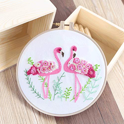 Flamingo Embroidery Kit for Beginners with Pattern Floral Stamped Full Range of Embroidery Starter Kit for Adults Cross Stitch Kit with Embroidery Cloth, Hoops, Color Thread and Tools,Set of 2