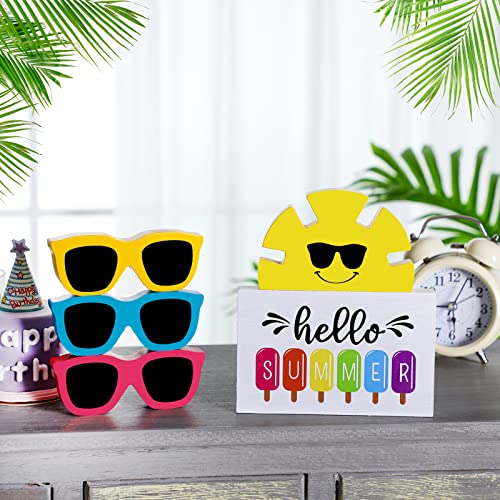 5 Pcs Hello Summer Tiered Tray Decor Wooden Sunglasses Table Decor Set Rustic Tabletop Decoration Farmhouse Sunshine Flower Wood Table Sign Centerpieces Summer Decorations for Home Office Shelf