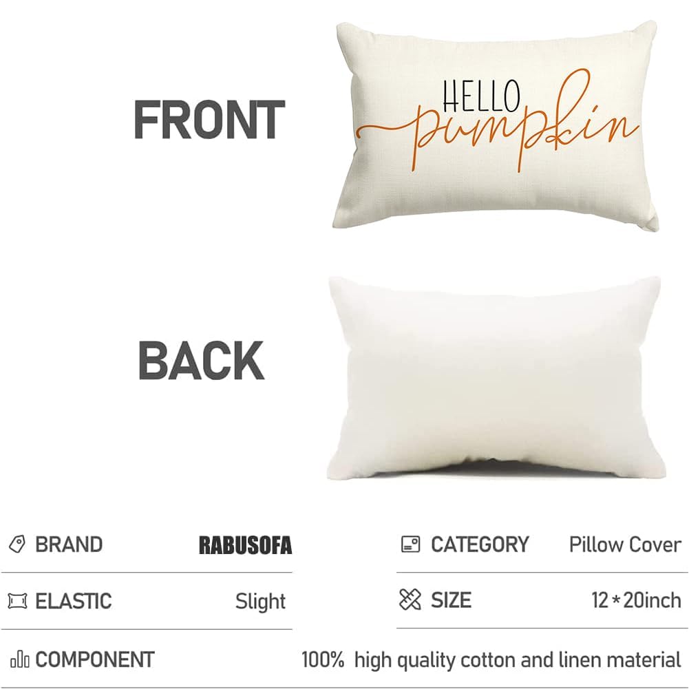 Fall Pillow Covers 12x20 Inch,Autumn Hello Pumpkin Pillows Decorative Throw Pillows,Lumbar Outdoor Thanksgiving Cushion Cover Farmhosue Fall Decor for Bedroom Couch Sofa White