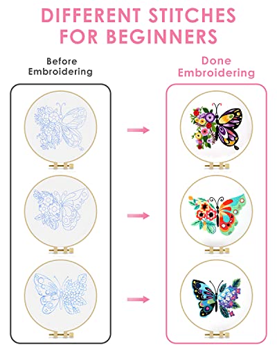TINDTOP 3 Sets Embroidery Stitch Practice kit, Butterfly Flower Embroidery Kit for Beginners Include Cloth Hoops Threads for Craft Lover Hand Stitch with Embroidery Skill Techniques