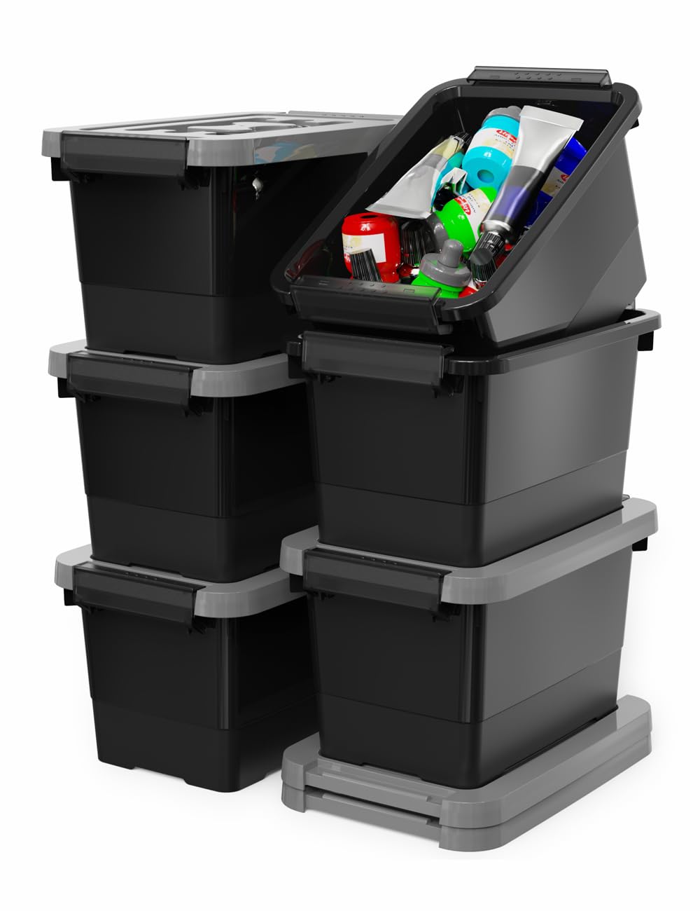 WYT Plastic Storage Bins with Lids and Latch, 6-Pack Small Stackable Plastic Organizing Box with Buckle and Handle, 3.5 Quart Durable Nestable Totes Containers (Black/Grey)