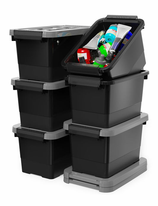 WYT Plastic Storage Bins with Lids and Latch, 6-Pack Small Stackable Plastic Organizing Box with Buckle and Handle, 3.5 Quart Durable Nestable Totes Containers (Black/Grey)