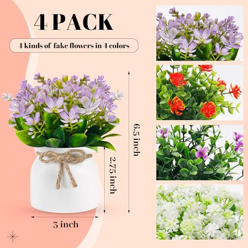Der Rose 4 Pack Fake Flowers Small Artificial Faux Plants Indoor in Plastic Macaron Pot Spring Decor for Centerpiece Table Decorations Home Office Desk Decor