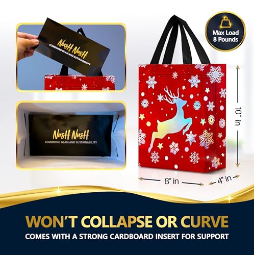 12 Christmas Gift Bags with Handles – Reusable Christmas Bags for Gifts Medium Size - Holiday Gift Bags in Festive Red, Green & Navy Blue Mix - Perfect Party Favor Bags for Xmas - 8x4x10
