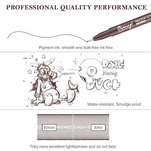 Bianyo Sepia Micro Pen Set, 12 Assorted Sizes Drawing Pens with Bonus Pouch Bag, Water-Resistant Archival and Pigment Ink Art Pens, Precision Drawing and Sketching Kit