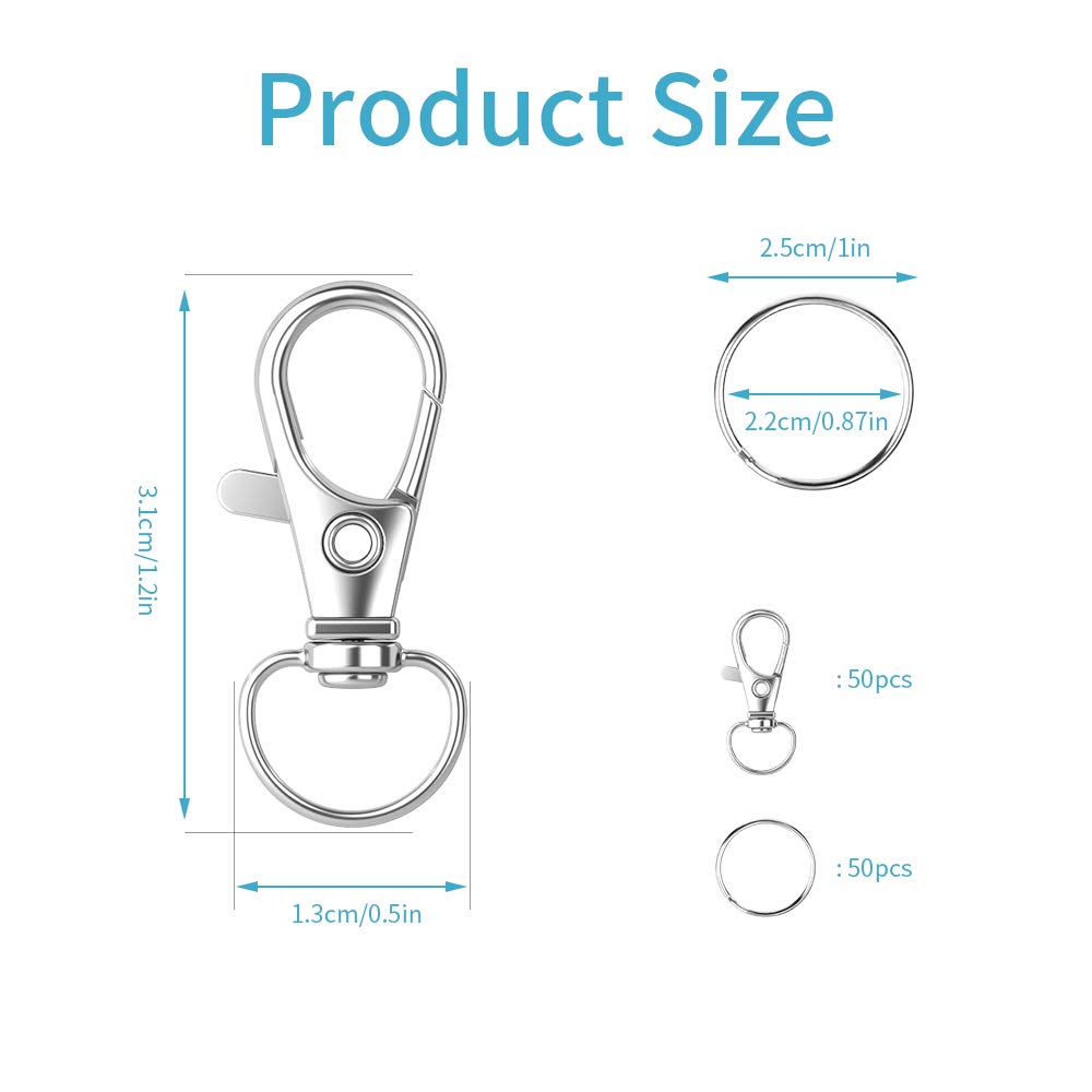 HXSEMAYIG 100PCS Keychain Hooks with Key Rings,Metal Swivel Lobster Claw Clasps, for Keychain Clip Lanyard, Jewelry Making, Crafts (Silver)