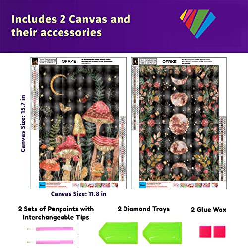 2-Piece Diamond Painting Kits for Adults and Kids，5D DIY Full Drill Round Art Gems Mushroom Forest Diamond Art Perfect for Home Wall Deco Diamond Dotz 12"x16"