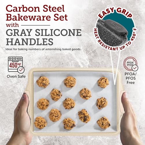 BAKKEN Deluxe Nonstick White Marble Baking Pans - Professional 3-Piece Carbon Steel Bakeware Set with Silicone Handles - Dishwasher Safe & Stackable