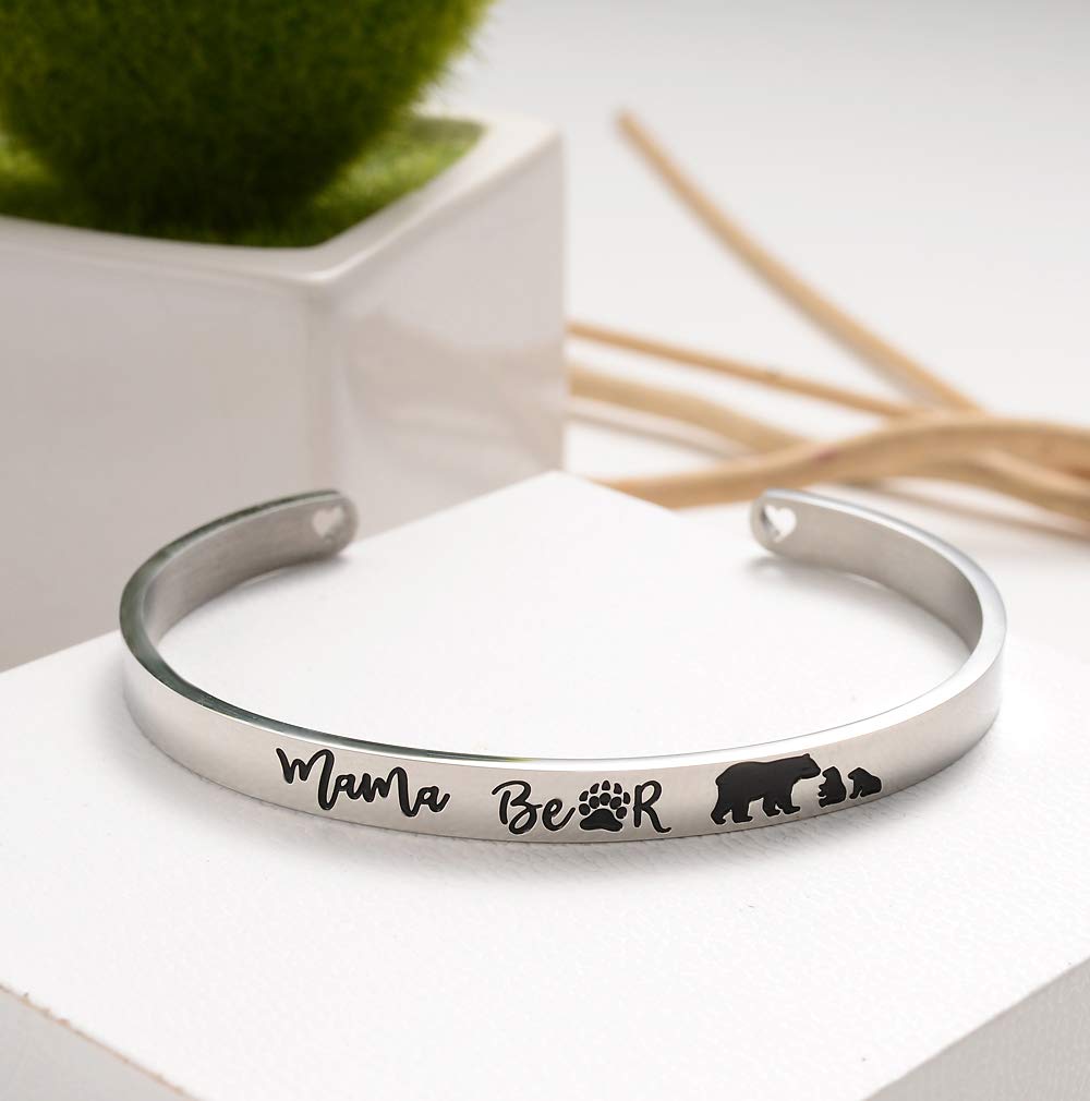 Veeshy Mama Bear Cuff Bracelets, Mother with Two 2 Cubs Bangles, Womens Stainless Steel Jewelry, Christmas Birthday Thanksgiving Gifts for Mummy Mom