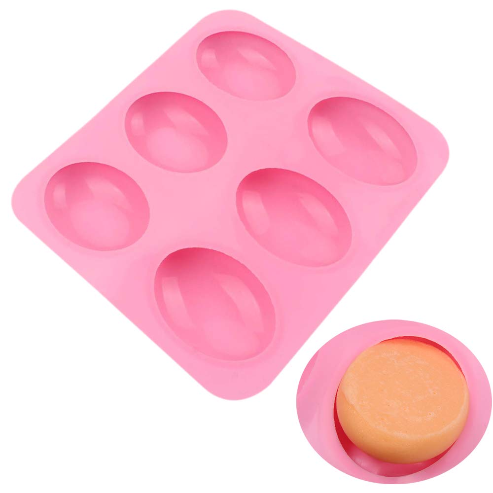 BAKER DEPOT silicone Mold For Handmade Soap 6 Cavity Oval Shape fat bath bombs Pink Color，Set of 2