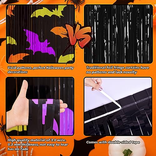 Mega-L Halloween Party Decorations 2 Pack Green Orange Purple Bat Pattern Photo Booth Props, 3.3 X 6.6 ft Metallic Foil Fringe Curtains, Halloween Photo Backdrop Streamers Halloween Party Supplies