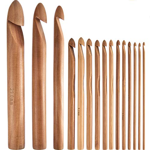 Hestya 15 Pieces Wooden Bamboo Crochet Hooks Set Handcrafted Knitting Needles Weave Yarn Craft, 3 to 25 mm in Diameters