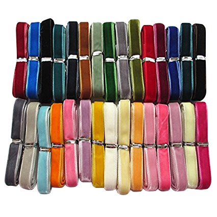 Chenkou Craft 30 Yards 3/8" Velvet Ribbon Total 30 Colors Assorted Lots Bulk (Multicolored, 3/8"(10mm))