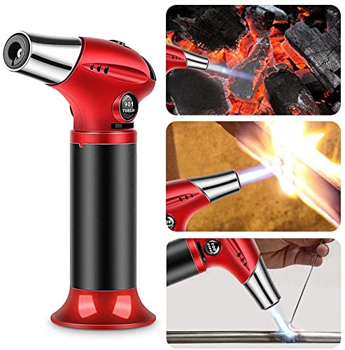 Blow Torch, Professional Kitchen Cooking Torch with Lock Adjustable Flame Refillable Mini Blow Torch Lighter for BBQ, Baking, Brulee Creme, Crafts and Soldering(Butane Gas Excluded)