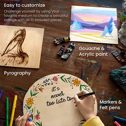 ARTEZA MDF Wood Slices, Set of 10, 5 x 11.8-Inch Circles and 5 x 9.05-Inch Squares, Unfinished Wooden Pieces for DIY Craft and Art Projects