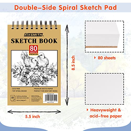 FIXSMITH 5.5"X8.5" Sketch Book | 80 Sheets (68 lb/100gsm) Sketchbook | Top Spiral Bound Artist Sketch Pad | Acid Free Drawing Pad | Ideal for Kids, Beginners, Artists & Painters | Bright White