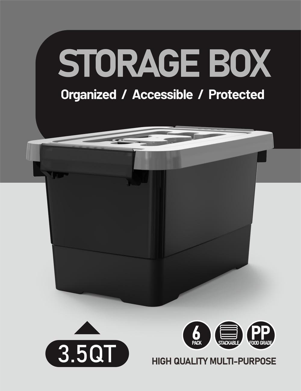 WYT Plastic Storage Bins with Lids and Latch, 6-Pack Small Stackable Plastic Organizing Box with Buckle and Handle, 3.5 Quart Durable Nestable Totes Containers (Black/Grey)