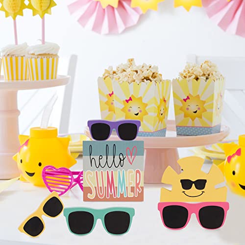 Summer Decor - 6 PCS Rustic Summer Tiered Tray Decor - Hello Summer Sunglasses Sunshine Wood Decorations - Luau Party Decorations