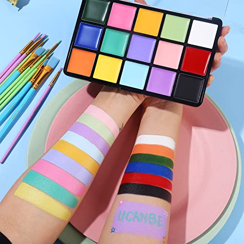 UCANBE Macaron Face Body Paint Set, 15 Colors Painting Palette Makeup Kit + 10pc Colorful Artist Brushes, Oil Base Paint Set for Halloween, Cosplay, Parties and SFX Costume