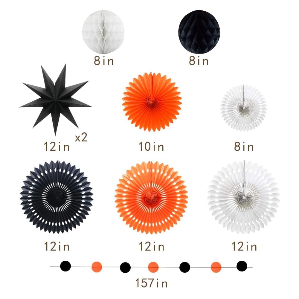 Orange White Black Halloween Decorations, Hanging Tissue Paper Fans Circle Garland Paper Lanterns for Graduation Wedding Anniversary Birthday Backdrop Decor
