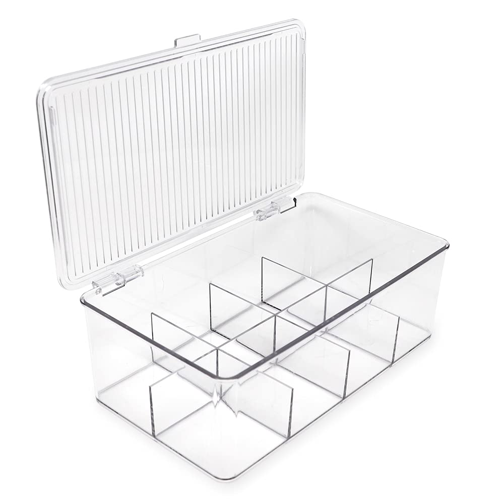 Isaac Jacobs Divided Clear Plastic Organizer (10.75” x 6.5” x 3.7”) w/Hinged Lid, Stackable Storage Box for Tea Bags, Crafts, Office Supplies, Cosmetics, Jewelry, BPA-Free, Food Safe Pantry Container