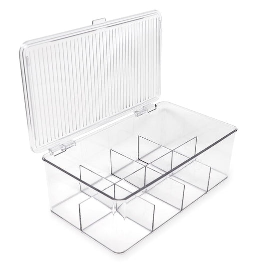 Isaac Jacobs Divided Clear Plastic Organizer (10.75” x 6.5” x 3.7”) w/Hinged Lid, Stackable Storage Box for Tea Bags, Crafts, Office Supplies, Cosmetics, Jewelry, BPA-Free, Food Safe Pantry Container