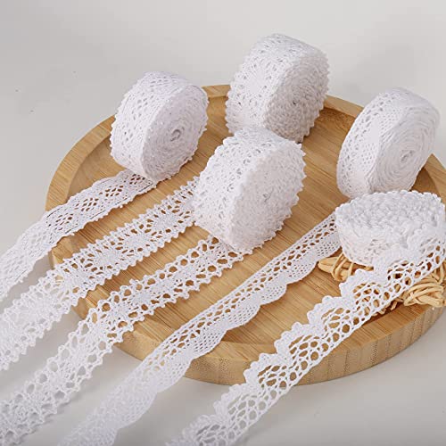 HERZWILD 32.8 Yards White Sewing Lace Ribbon by The Yard Cotton Lace Ribbon White Vintage Decorative Lace Trim Crochet Decorative Lace Fabric for Sewing Crafts Wedding Decoration(30m/W)