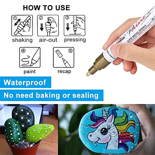 Mishiba Paint Markers Pens 5 Colors - Waterproof Oil Based Marker Pens, Medium Tip, Quick Dry and Permanent Paint Pens Works on Rock, Wood, Fabric, Plastic, Glass, Mugs, Stone Painting, Metal