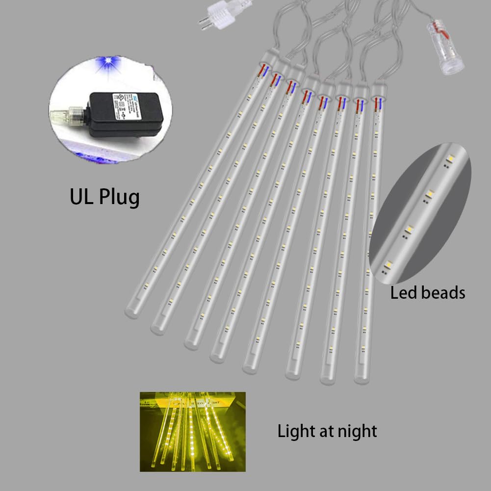 Weepong Christmas Lights Outdoor Falling Rain Meteor Shower Lights 12 inch 8 Tube 192 LED Snowfall Icicle Cascading String Light for Xmas Tree Christmas Decorations Holiday Garden, UL Plug,Warm White