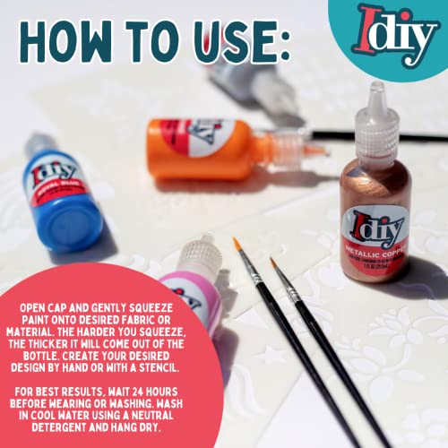 Fabric Paints Set of 10 Metallic Colors (1oz bottles) Bright 3D Fabric T Shirt Clothing Soft Paint, Non-Toxic Water-Based, Washable, Permanent, Classroom, Kids Birthday Party Art Craft, Holiday Craft