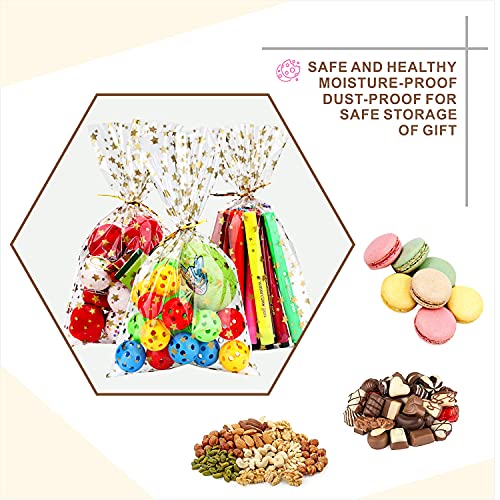 LEOSINDA 100 pcs Clear 5"X 11" Flat Gift Wrap Cellophane Bags Cello Bags Cookie Bags Treat Bags with Twist Ties Poly Bag 1.3 mil for Bakery, Cookie, Candies Gold Star Printed