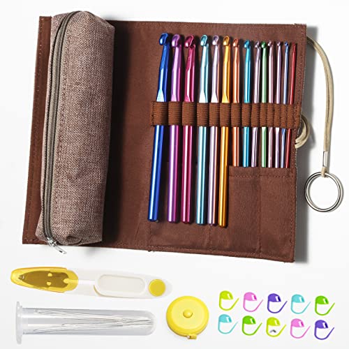 YOJOB Traditional 14 Sizes Crochet Hooks Kit, Super Smooth Crochet Hook Needle for Beginners or Advanced (Coffee)
