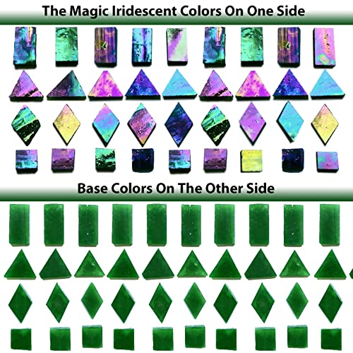 KALUCION Iridescent Green Mosaic Tiles for Crafts, 280 Pieces Mixed 4 Shapes Stained Glass Sheets, Stained Glass Supplies for Mosaic Projects