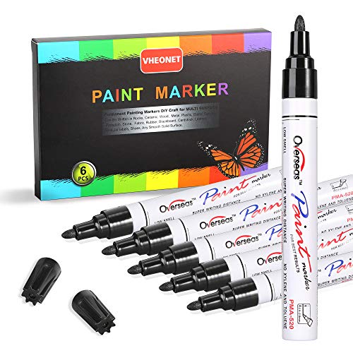 VHEONET Black Paint Markers Pens - Single Color 6 Pack Permanent Oil-Based Metallic Paint Pen, Medium Tip, Quick Dry and Waterproof Marker for Rock, Stone, Wood, Plastic, Glass, Mugs, Fabric, Canvas