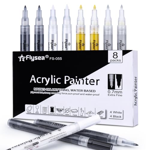 ROUQIUYA 0.7mm Acrylic Paint Pens Black & White & Gold & Silver, 8 Pack Paint Marker Extra Fine for Rock Painting, Stone, Ceramic, Glass, Wood, Blackboard, Fabric, Metal, Paper, Drawing, DIY Art
